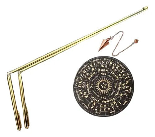 Kit Radiestesia: Varillas Telescópicas + Pendulo + Tabla Dorado