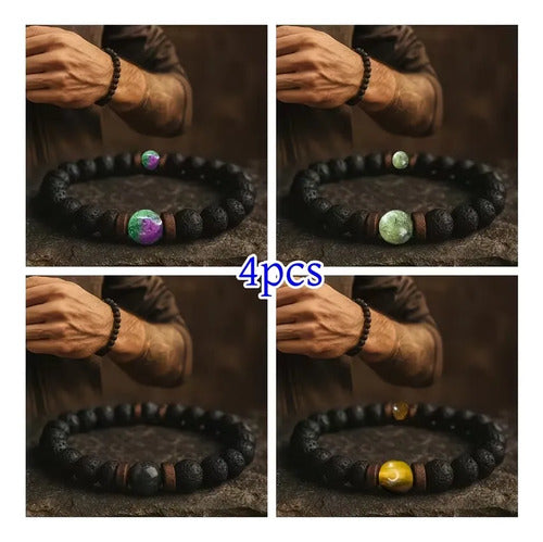 4 Pack De Pulseras De Piedras Volcánicas Naturales Negro 23 Cm